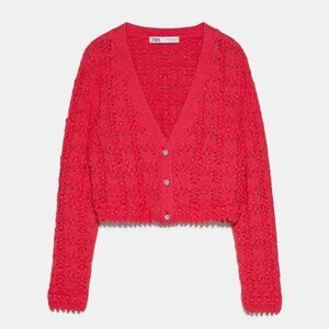 Zara Rhinestone Pointelle Knit Cropped Cardigan Sweater Fushia Pink Size Small